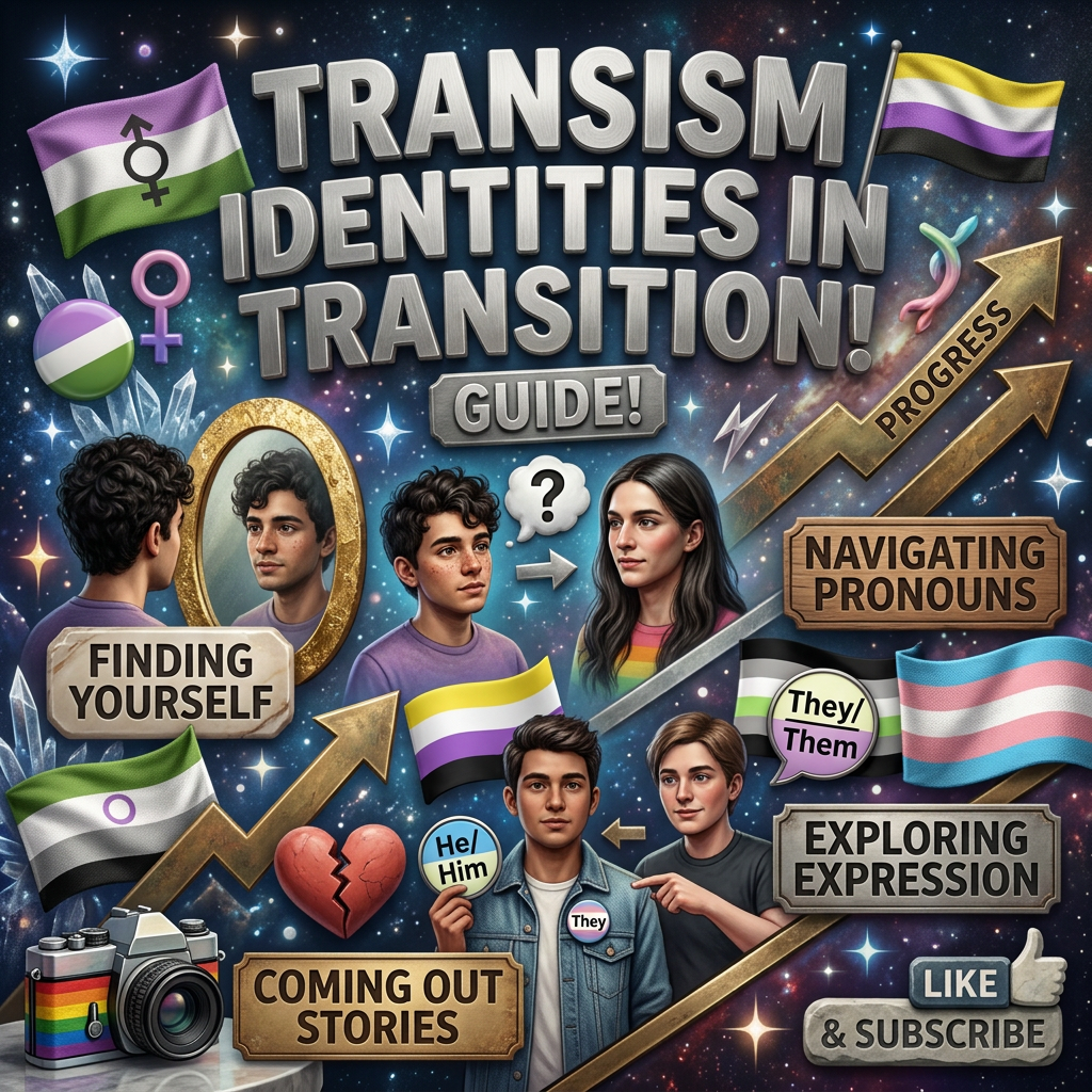 Illustration titled 'Transism Identities in Transition! Guide' showing people exploring gender identity, pronouns, expression, and coming out stories with related flags and icons.